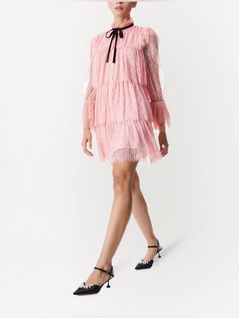 Alice + Olivia Sheer Tiered Lace Mini Dress in Blush Pink with Black Velvet Bow - Picture 2 of 13